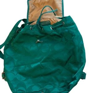 Coach Green Signature Drawstring Backpack with Jacquard Accent